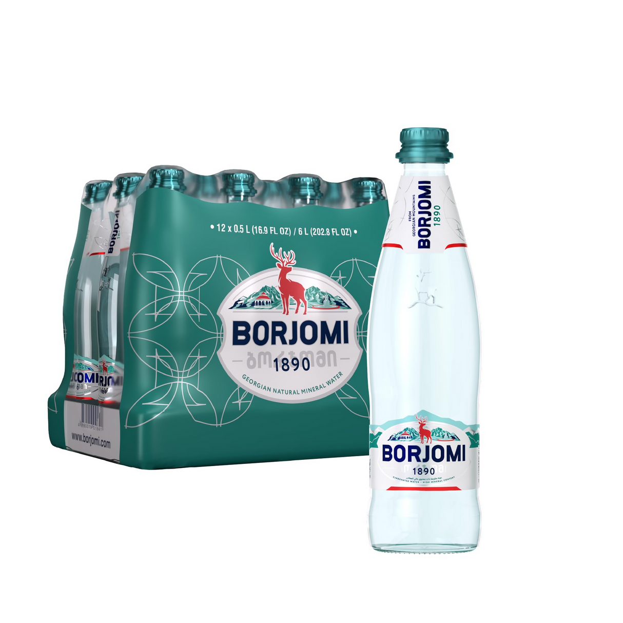 12x Borjomi Naturally Carbonated Sparkling Mineral Water Glass Bottle - 500ml (Product of Georgia)