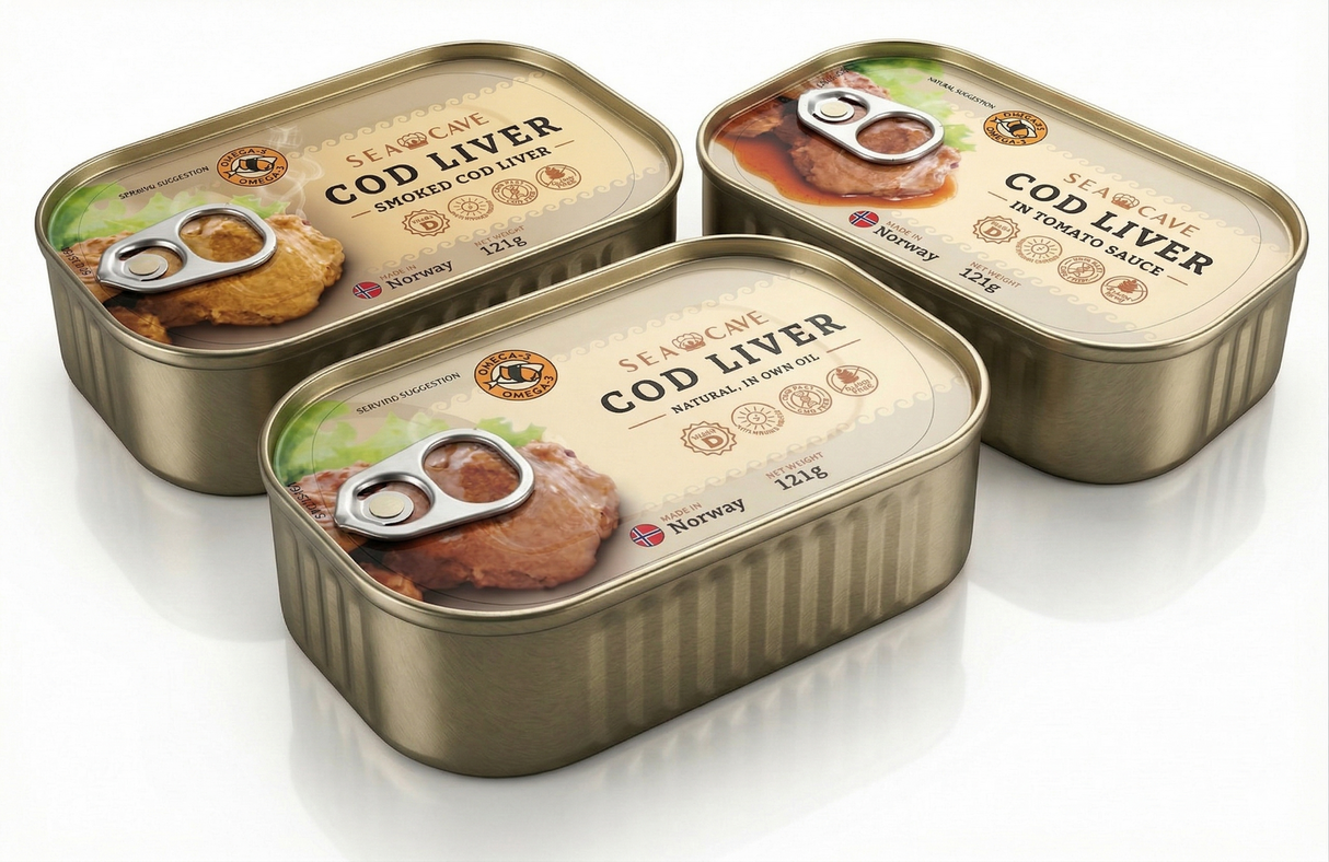 3x 121g Sea Cave Cod Liver Fish in Natural Own Oil Pack (Metal Tin) - Product of Norway