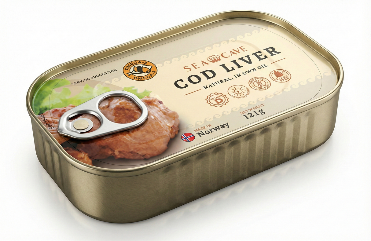 9x 121g Sea Cave Cod Liver Fish in Natural Own Oil Bulk Pack (Metal Tin) - Product of Norway