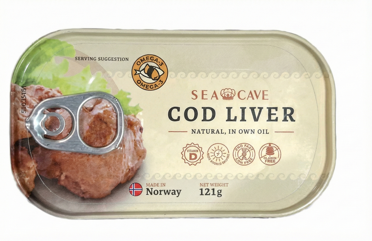 9x 121g Sea Cave Cod Liver Fish in Natural Own Oil Bulk Pack (Metal Tin) - Product of Norway