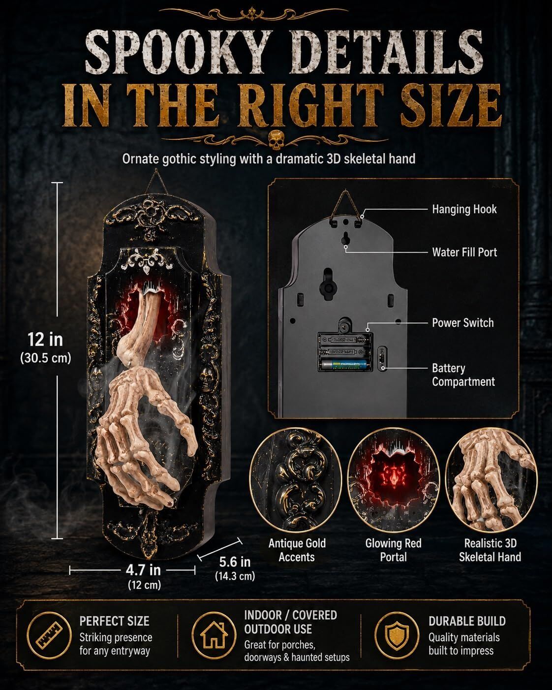 Spooky Skull Door Bell Hanging Decoration Mist Spray Motion Activated Halloween Porch Lock Decor Scary Gothic Skeleton Hands Doorbell with Red Light f
