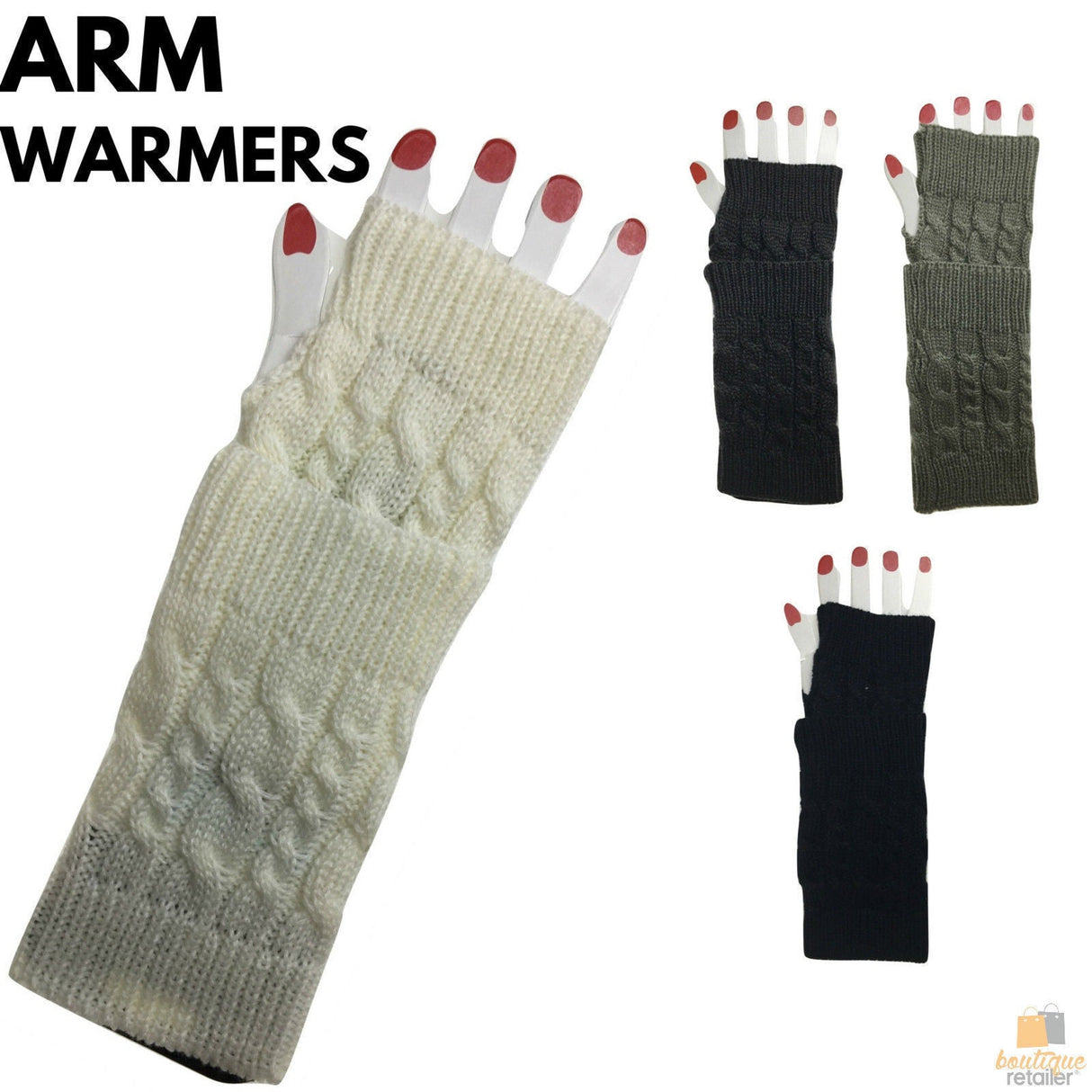 ARM WARMERS Knitted Short Fingerless Gloves Winter Mitten Cover Womens Party - Cream