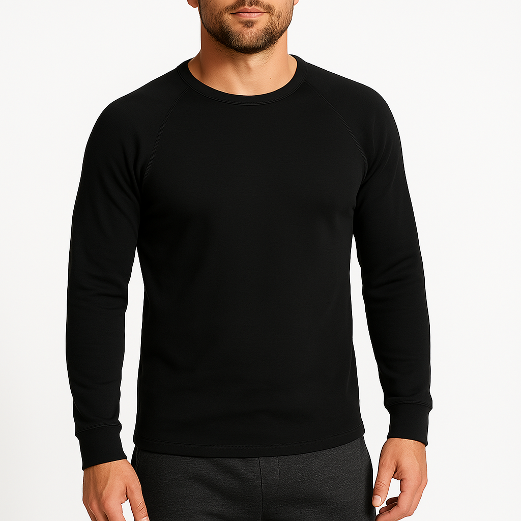 Mens Cotton Raglan Long Sleeve Thermal Top - Base Layer Crew Neck - Black