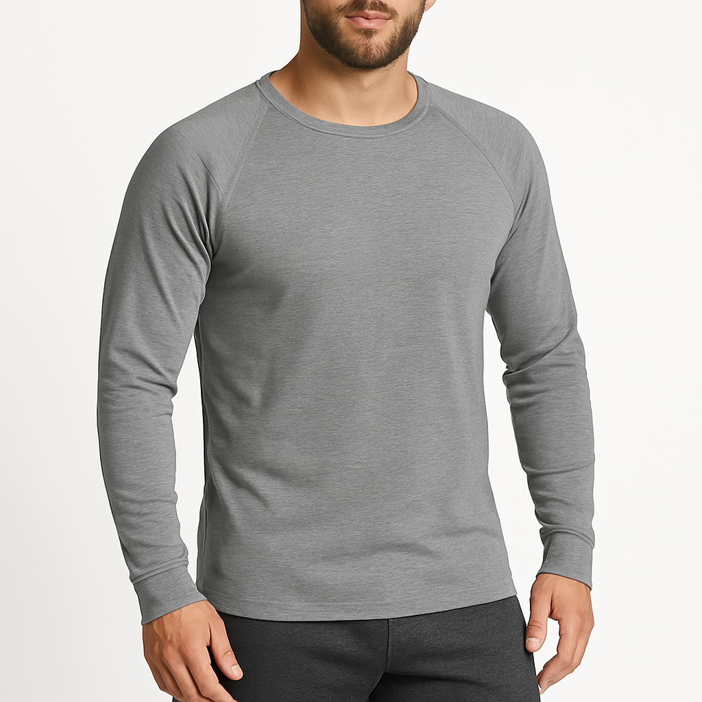 Mens Cotton Raglan Long Sleeve Thermal Top - Base Layer Crew Neck - Grey