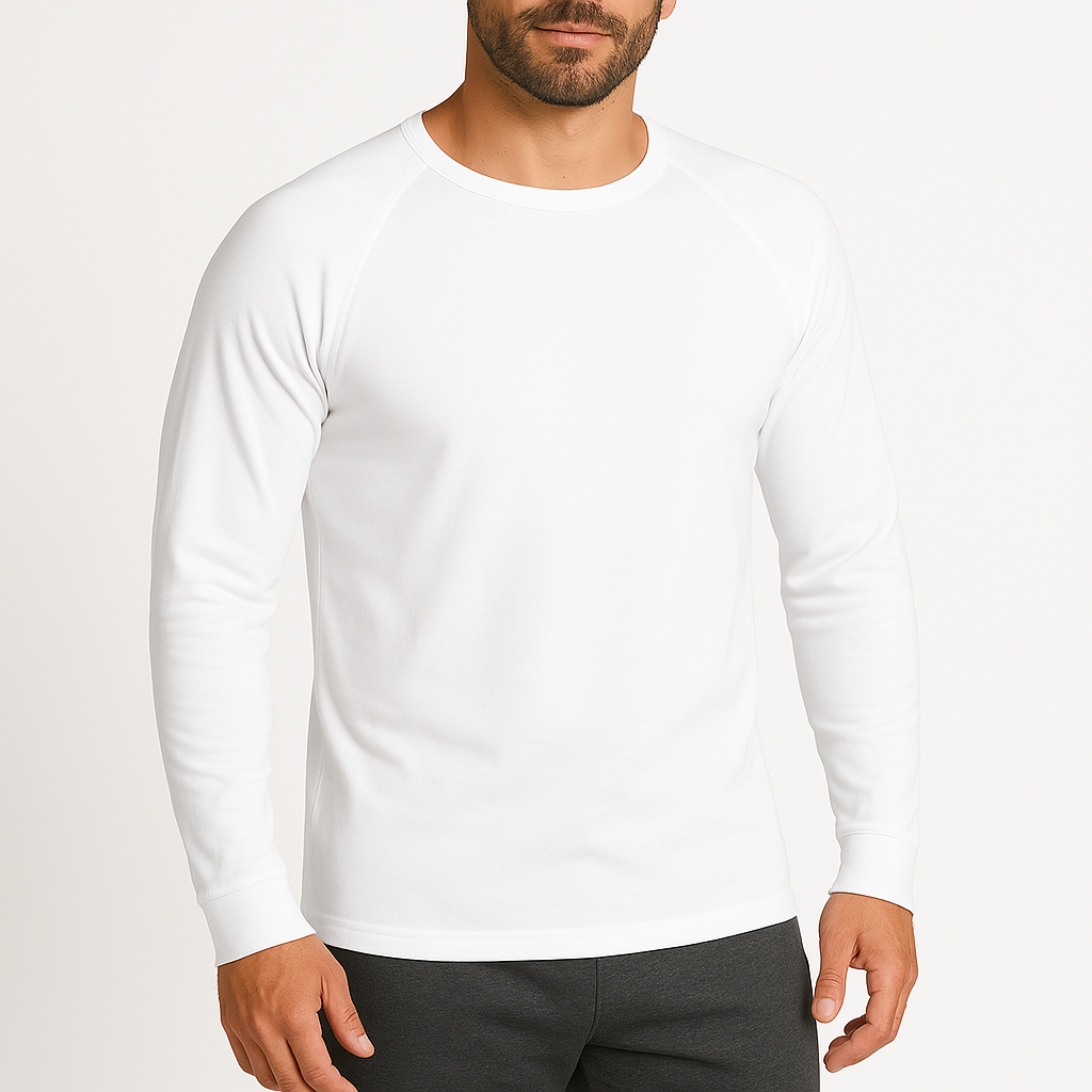 Mens Cotton Raglan Long Sleeve Thermal Top - Base Layer Crew Neck - White