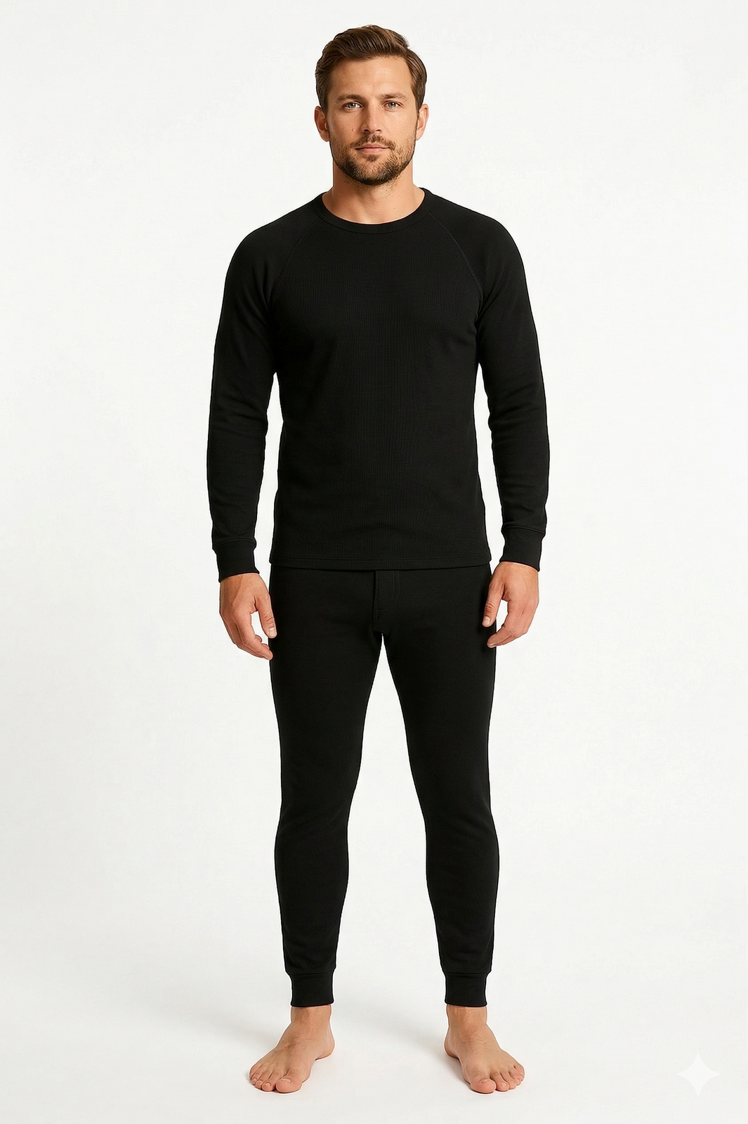 2pcs Set Mens Black Cotton Thermal Long Sleeve Top & Long John Pants Underwear