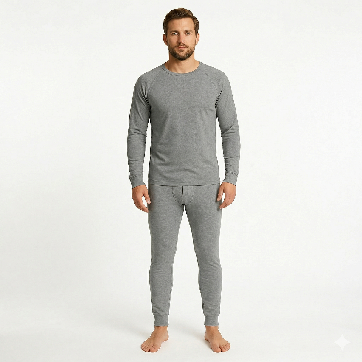2pcs Set Mens Grey Cotton Thermal Long Sleeve Top & Long John Pants Underwear