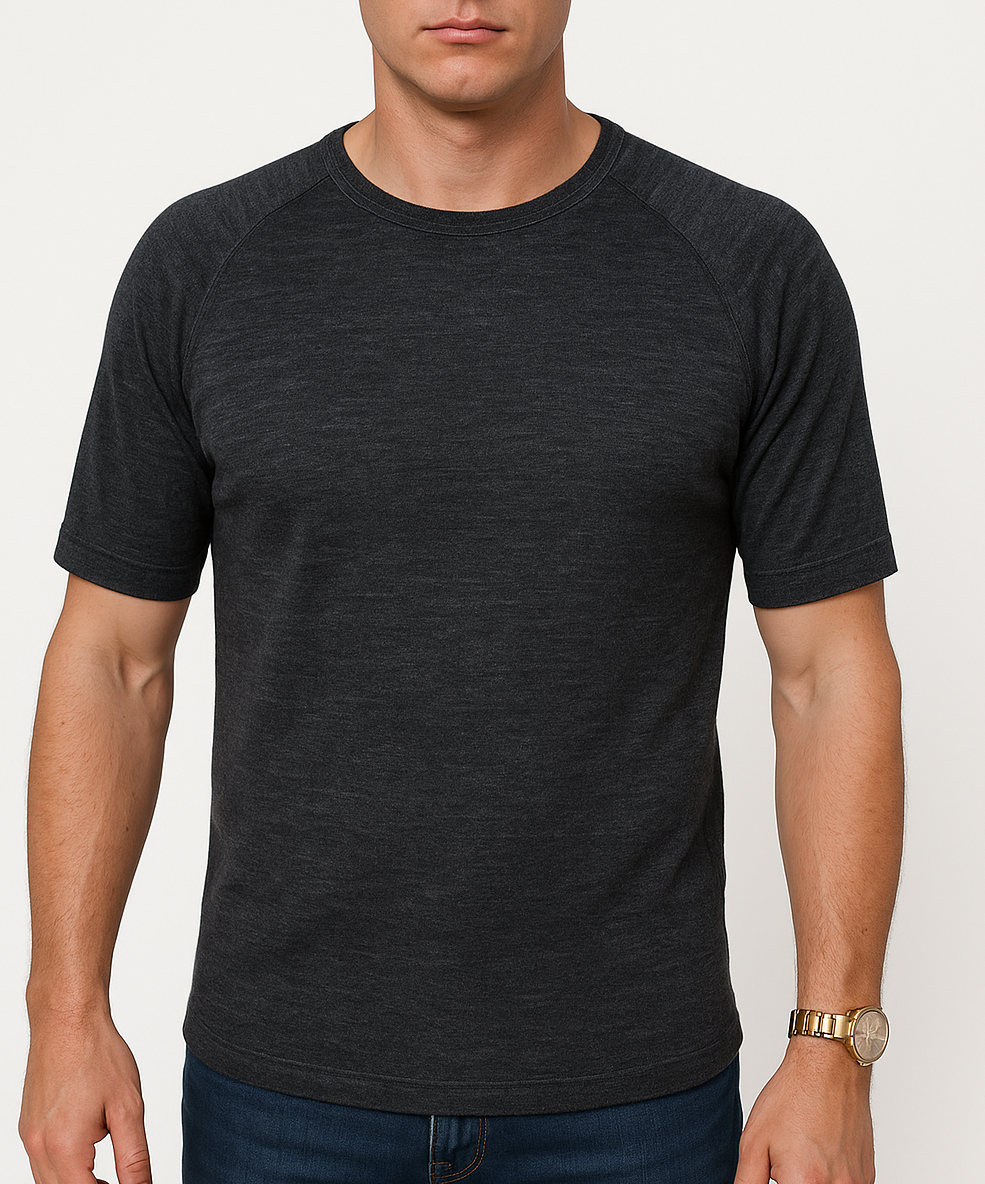 Mens Merino Wool Blend Short Sleeve Thermal Top Underwear Thermals Base Layer - Black