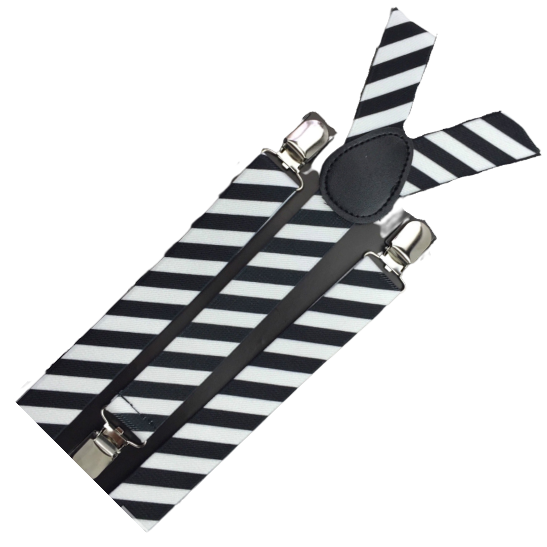 Mens Suspenders Braces Adjustable Strong Clip On Elastic Formal Wedding Slim - Black/White Diagonal Stripes