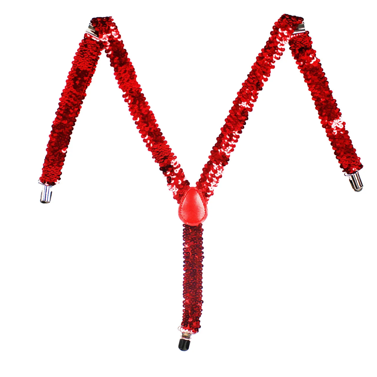 Mens Red Sequin Slim Suspenders - Strong Adjustable Clip On Braces for Weddings/Formals