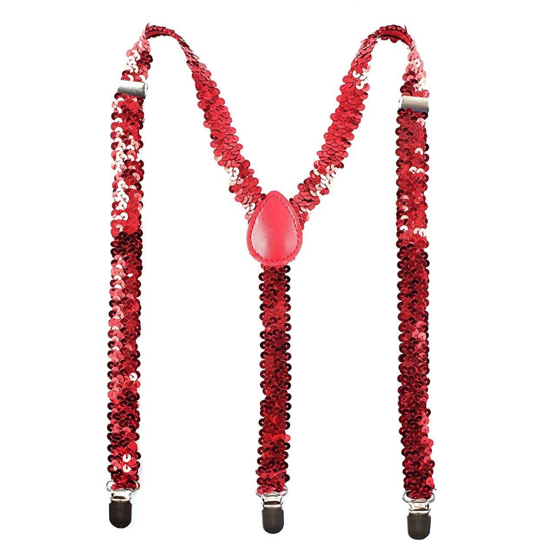 Mens Red Sequin Slim Suspenders - Strong Adjustable Clip On Braces for Weddings/Formals