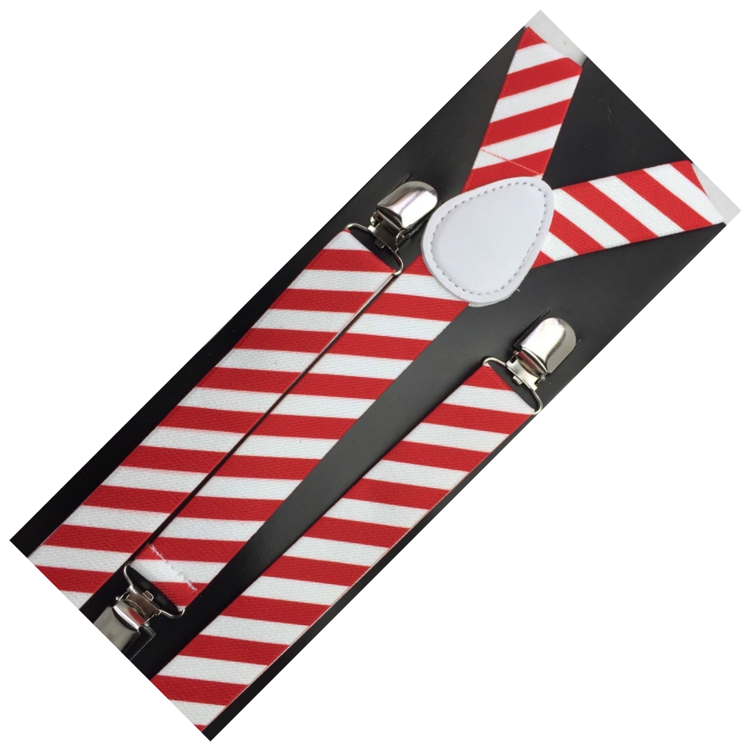 Mens Suspenders Braces Adjustable Strong Clip On Elastic Formal Wedding Slim - Red/White Diagonal Stripes