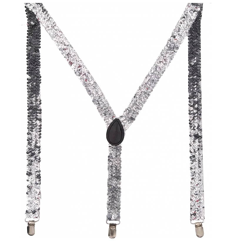 Mens Silver Sequin Slim Suspenders - Strong Adjustable Clip On Braces for Weddings/Formals
