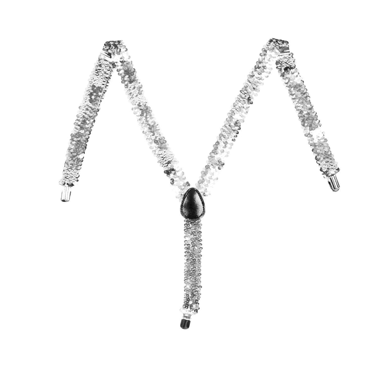 Mens Silver Sequin Slim Suspenders - Strong Adjustable Clip On Braces for Weddings/Formals