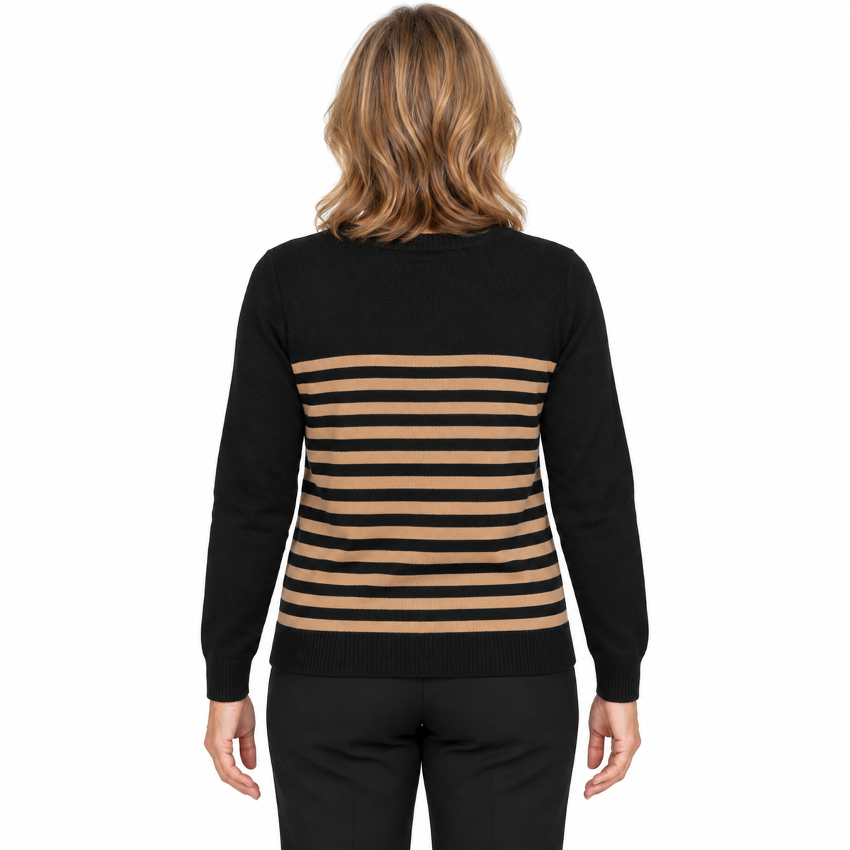 Sporte Leisure Womens Kati Candy Stripe Wool Blend V-Neck Jumper in Beige/Black