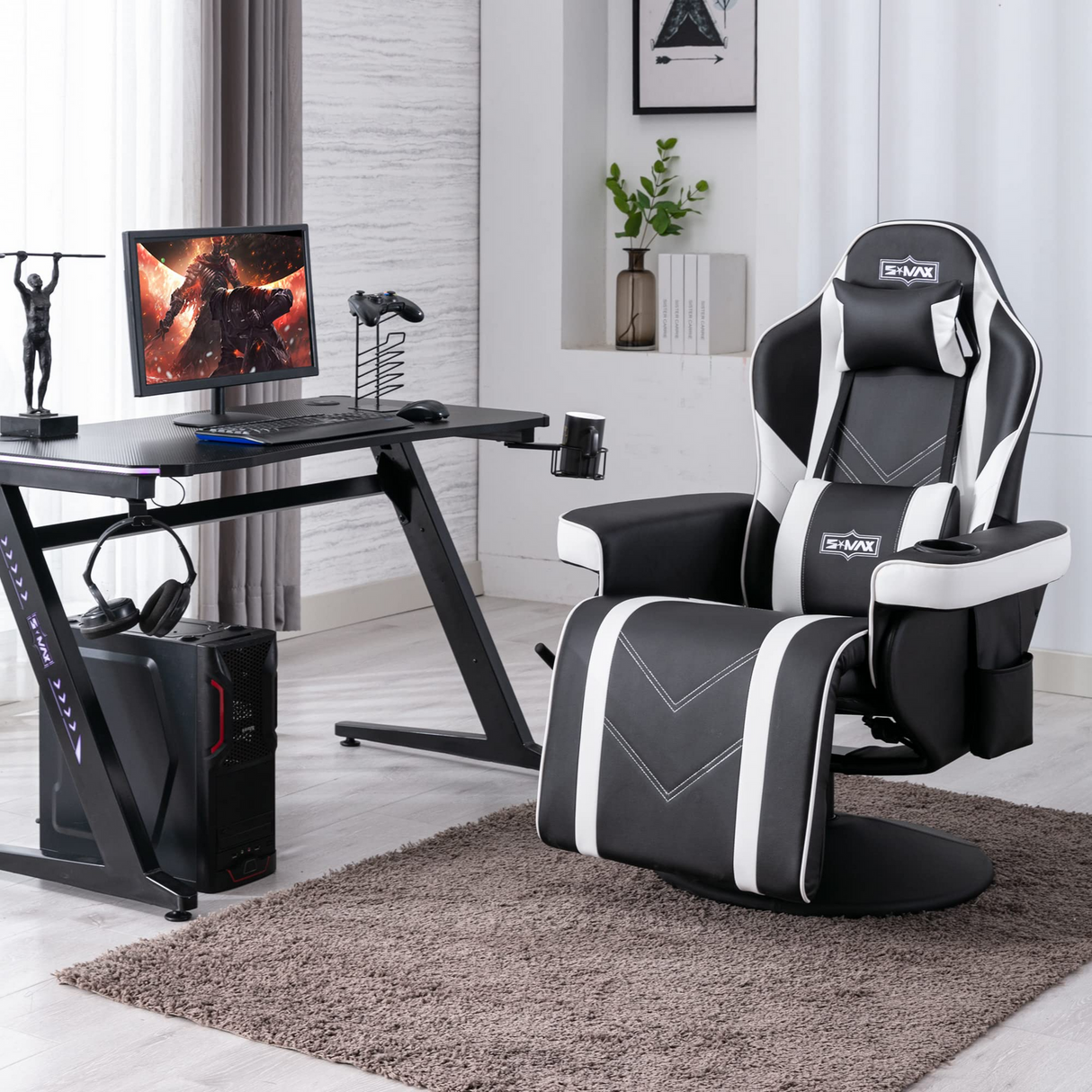 S*MAX Gaming Recliner Chair - Black/White PU Leather (360° Swivel, Adjustable Recline & Flip-Up Footrest)