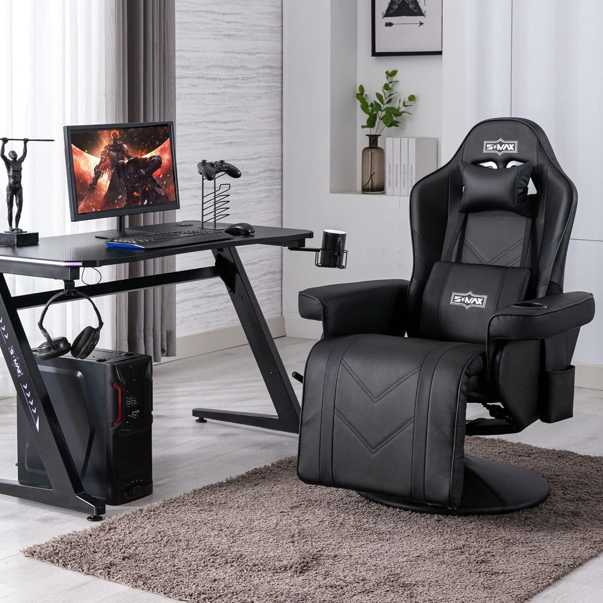 S*MAX Gaming Recliner Chair - Black PU Leather (360° Swivel, Adjustable Recline & Flip-Up Footrest)