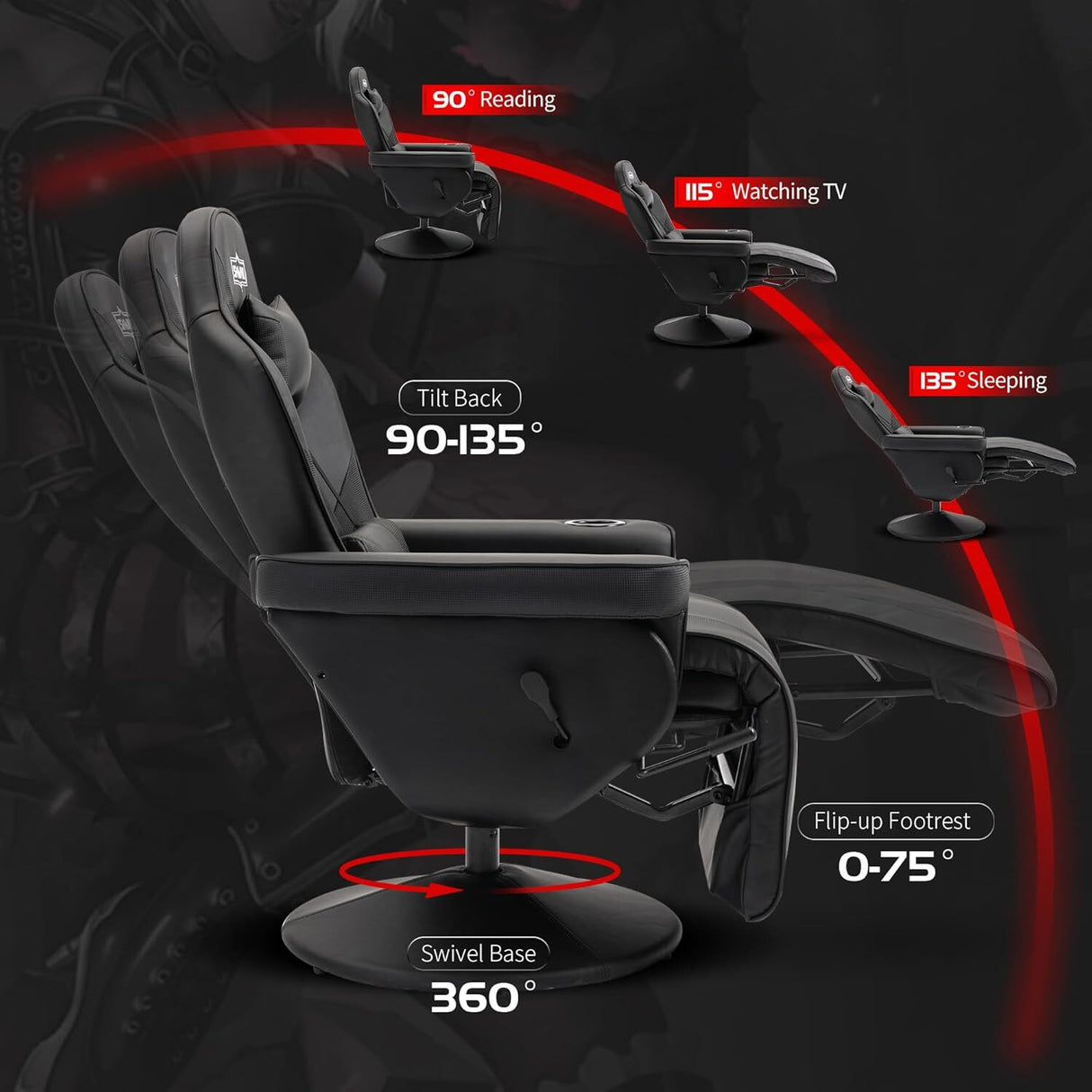 S*MAX Gaming Recliner Chair - Black PU Leather (360° Swivel, Adjustable Recline & Flip-Up Footrest)