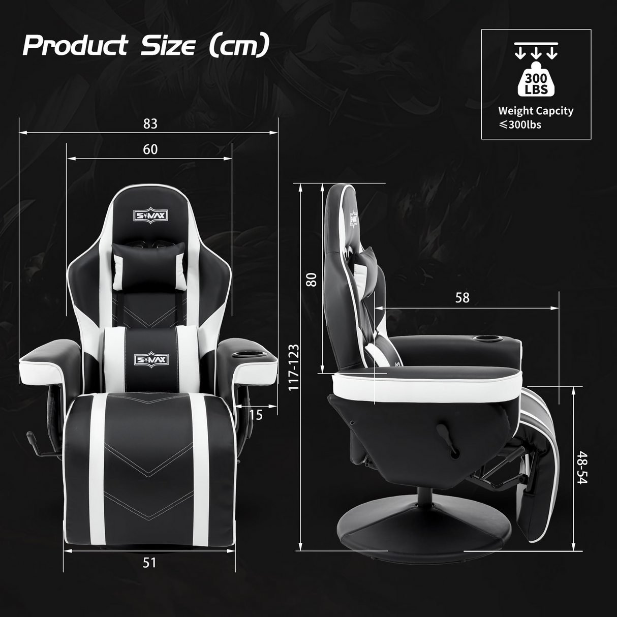 S*MAX Gaming Recliner Chair - Black/White PU Leather (Height-Adjustable Swivel & Flip-Up Footrest)