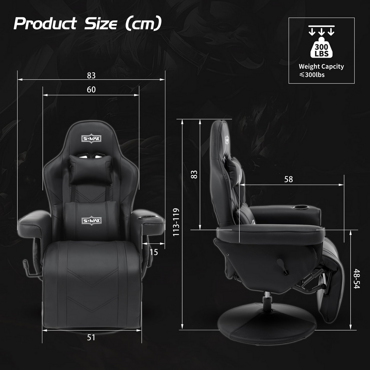 S*MAX Gaming Recliner Chair - Black PU Leather (Height-Adjustable Swivel & Flip-Up Footrest)