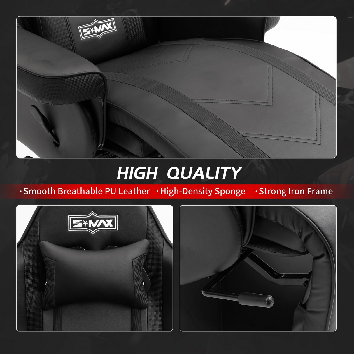 S*MAX Gaming Recliner Chair - Black PU Leather (Height-Adjustable Swivel & Flip-Up Footrest)
