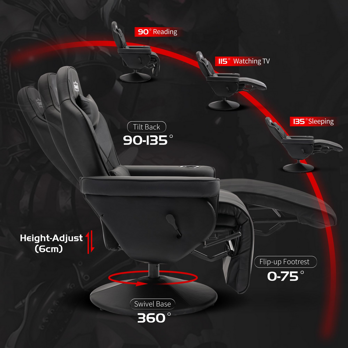 S*MAX Gaming Recliner Chair - Black PU Leather (Height-Adjustable Swivel & Flip-Up Footrest)
