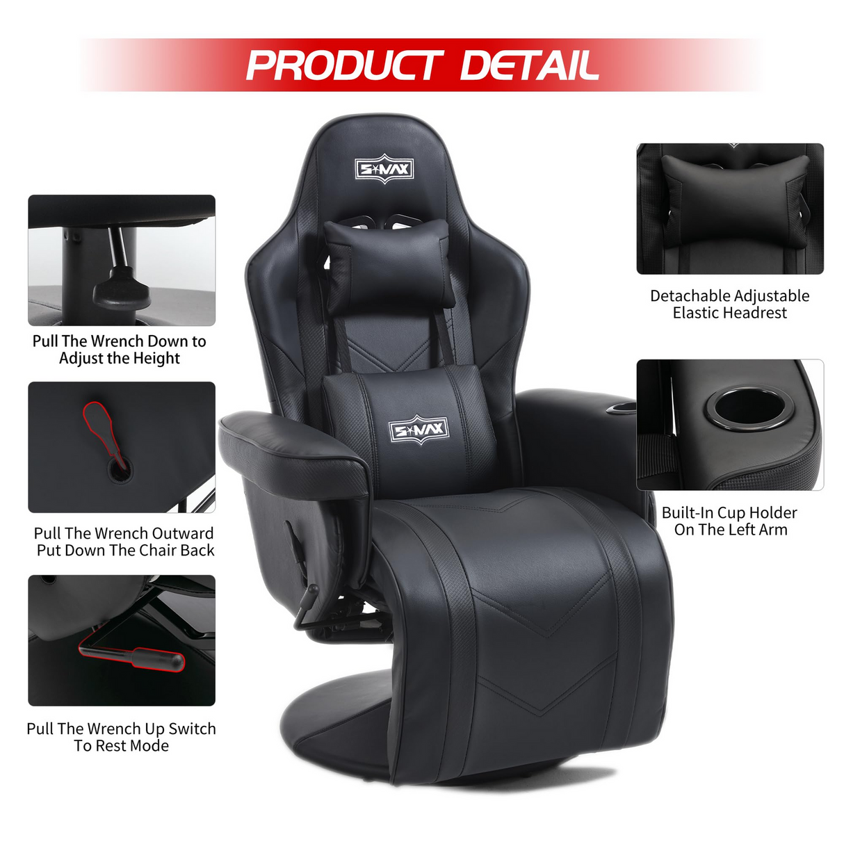 S*MAX Gaming Recliner Chair - Black PU Leather (Height-Adjustable Swivel & Flip-Up Footrest)