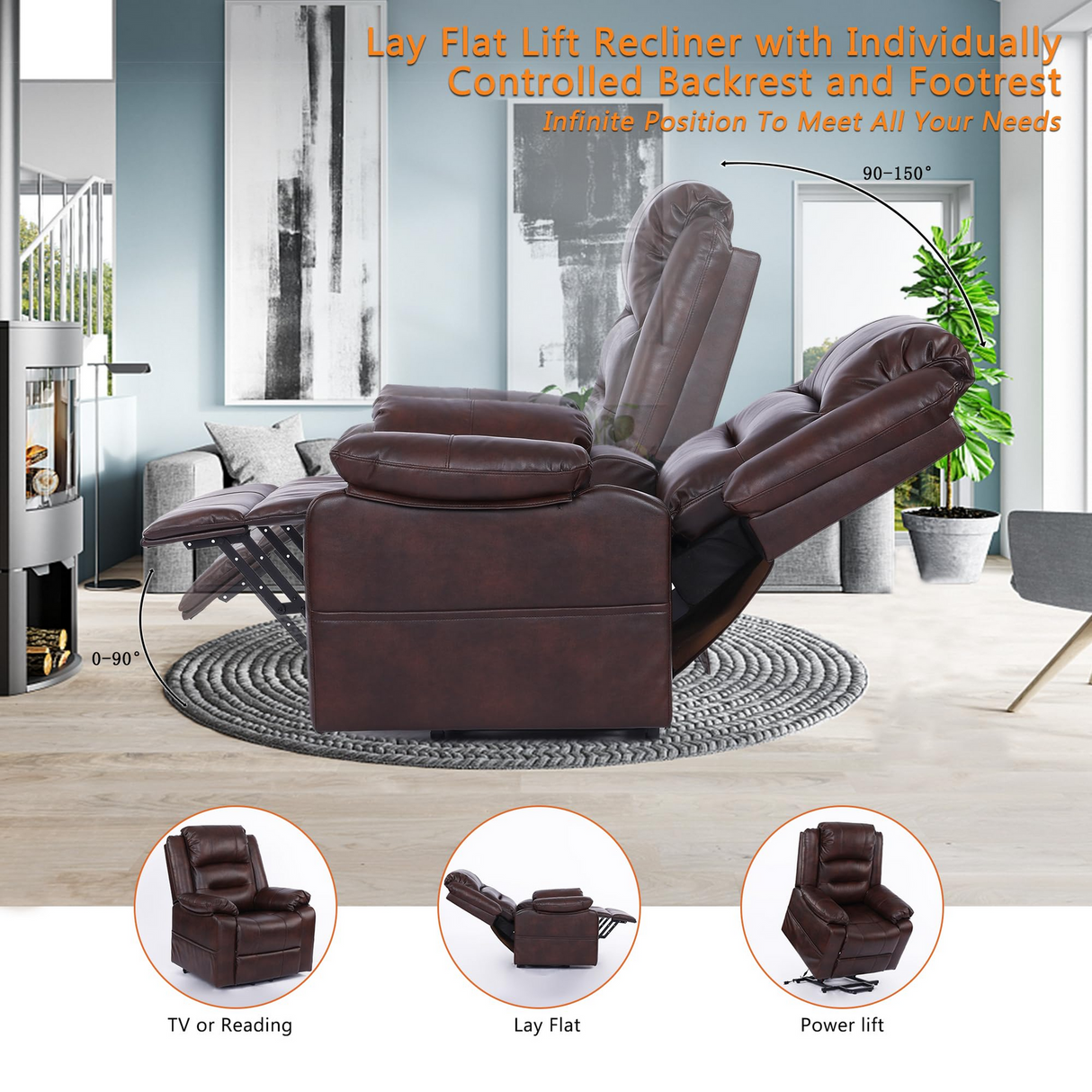 S*MAX Electric Dual Motor Power Lift Riser Recliner Chair - Brown PU Leather (Lay Flat, USB Charging & Remote)