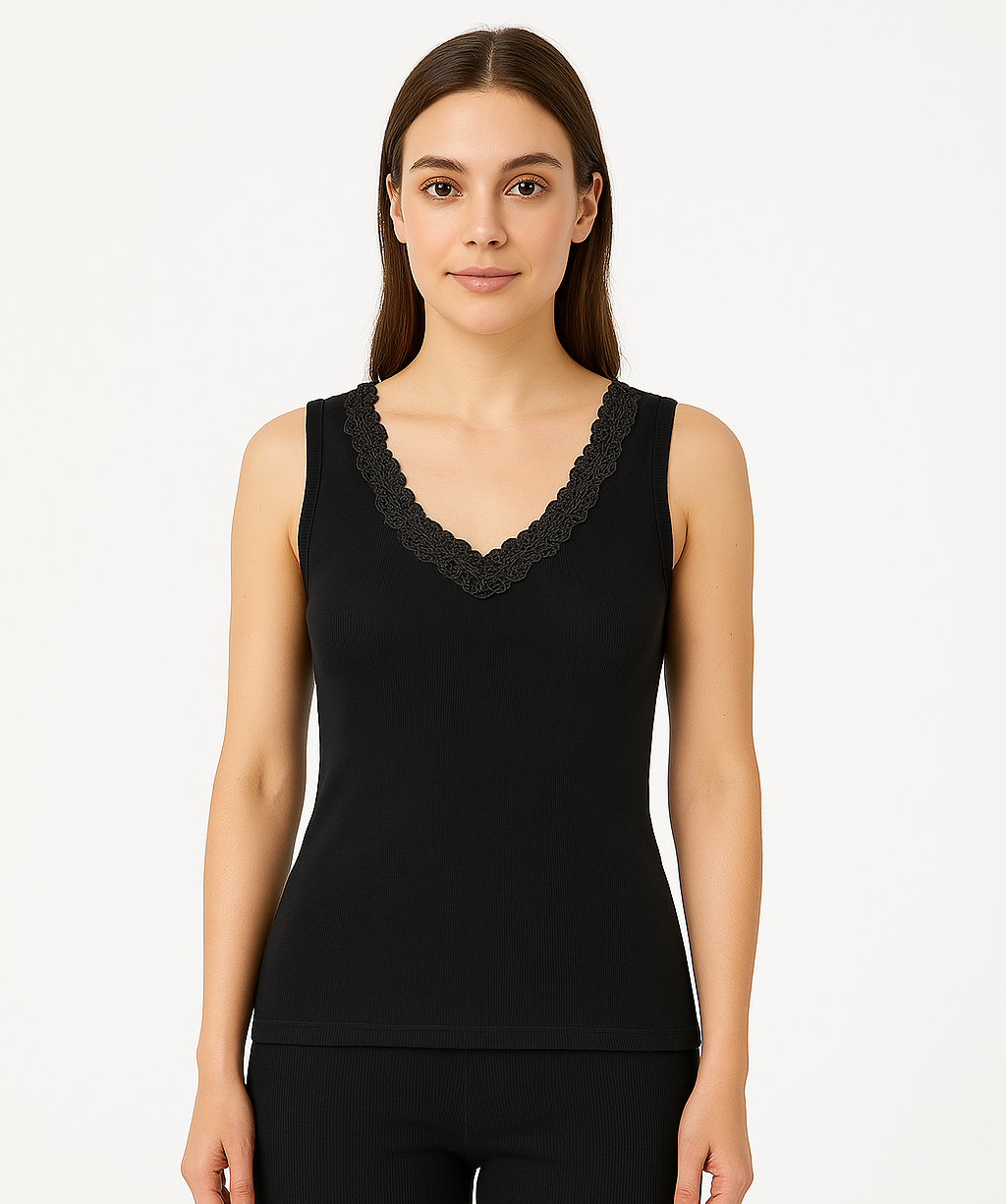 Womens Thermal Cotton Singlet Sleeveless Motif Top Base Layer Underwear in Black