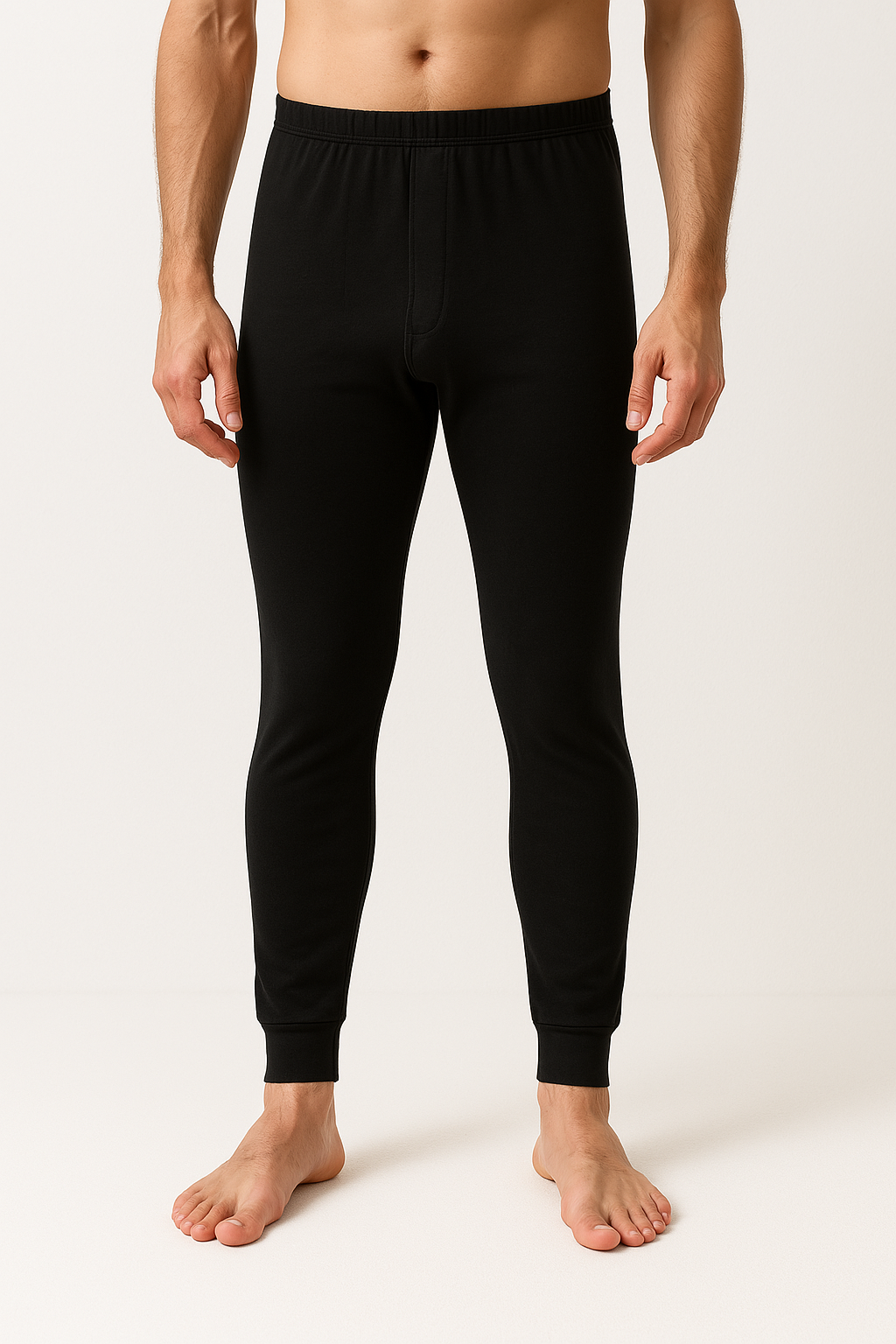 2pcs Set Mens Black Cotton Thermal Singlet Top & Long John Pants Underwear