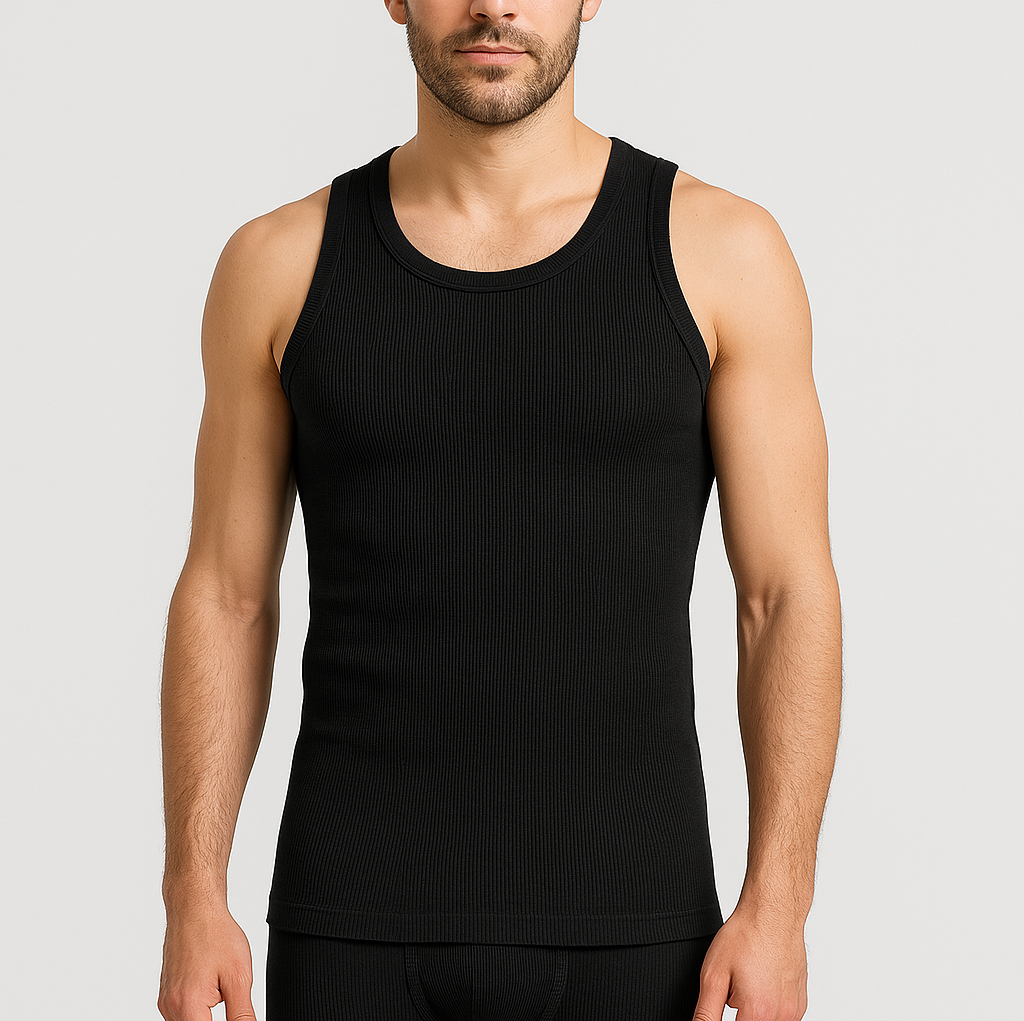 2pcs Set Mens Black Cotton Thermal Singlet Top & Long John Pants Underwear