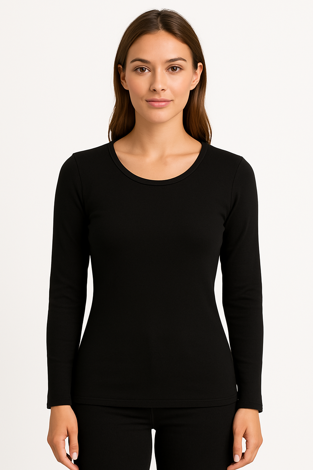 Womens Thermal Cotton Crew Neck Long Sleeve Top Base Layer Underwear in Black