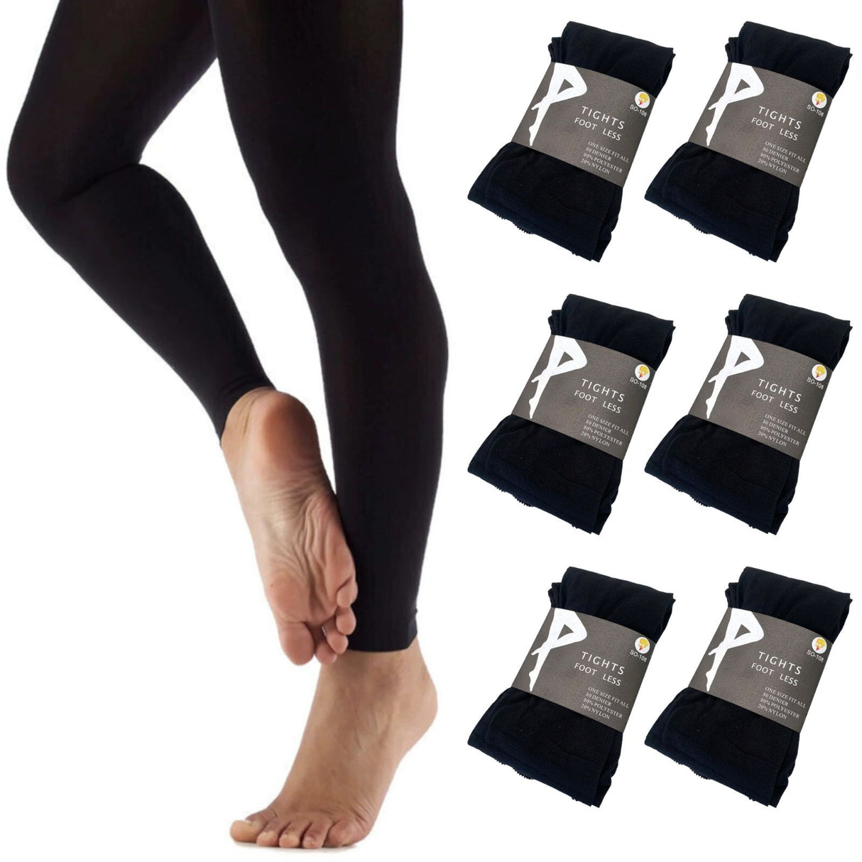 6x Womens Ladies Footless Lace Hem Tights Stockings Pantyhose Leg Hosiery Thermal - Black