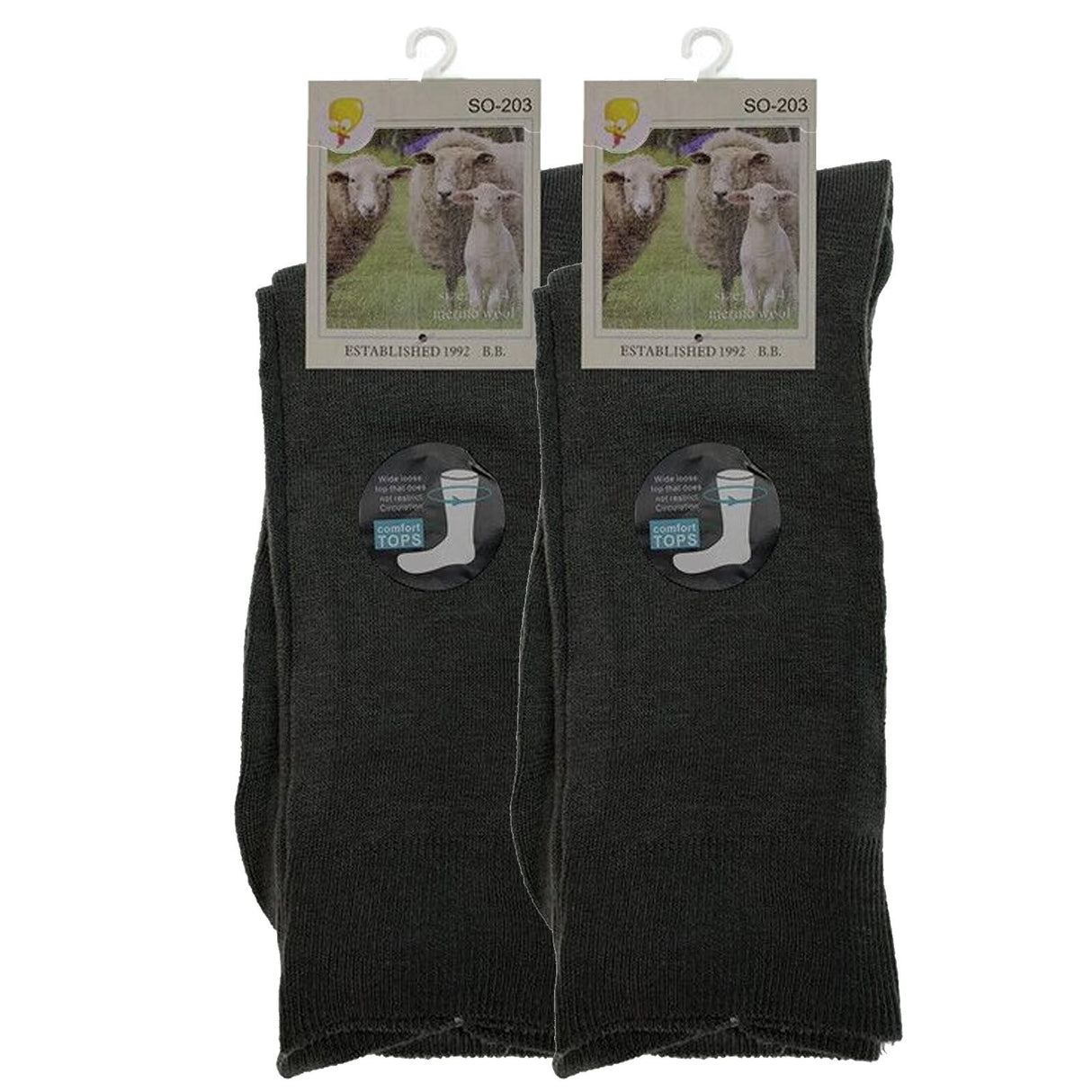Merino Wool Mens Loose Top Thermal Socks Diabetic Comfort Circulation - 2 Pairs - Grey