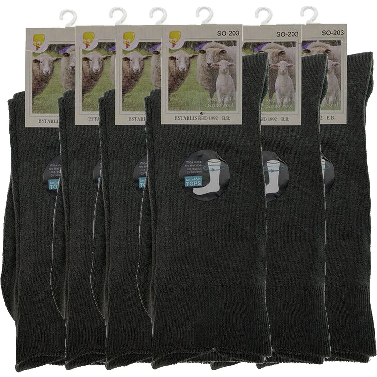 Merino Wool Mens Loose Top Thermal Socks Diabetic Comfort Circulation - 6 Pairs - Grey