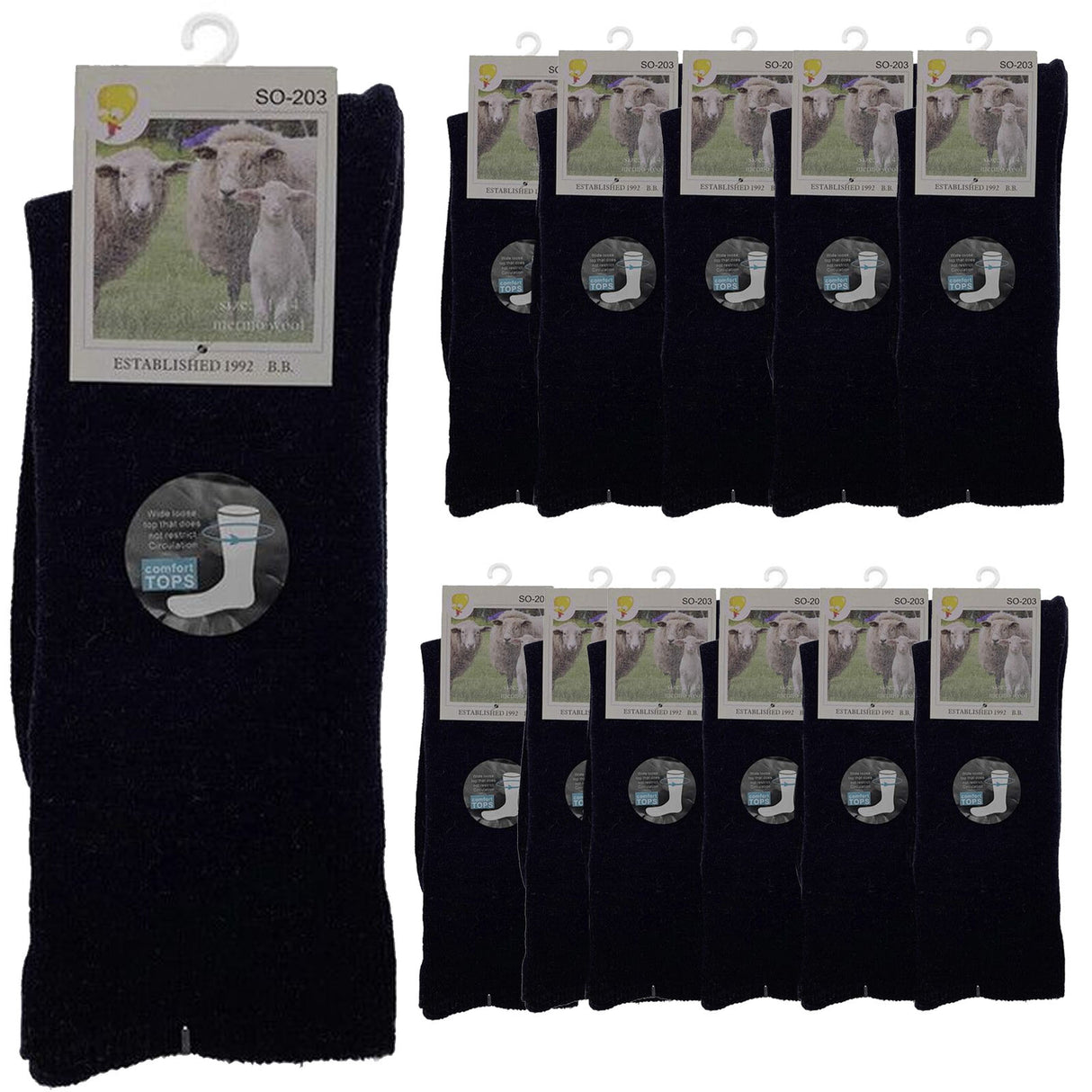 12 Pairs Merino Wool Loose Top Thermal Socks Bulk Pack - Navy (Diabetic Circulation)