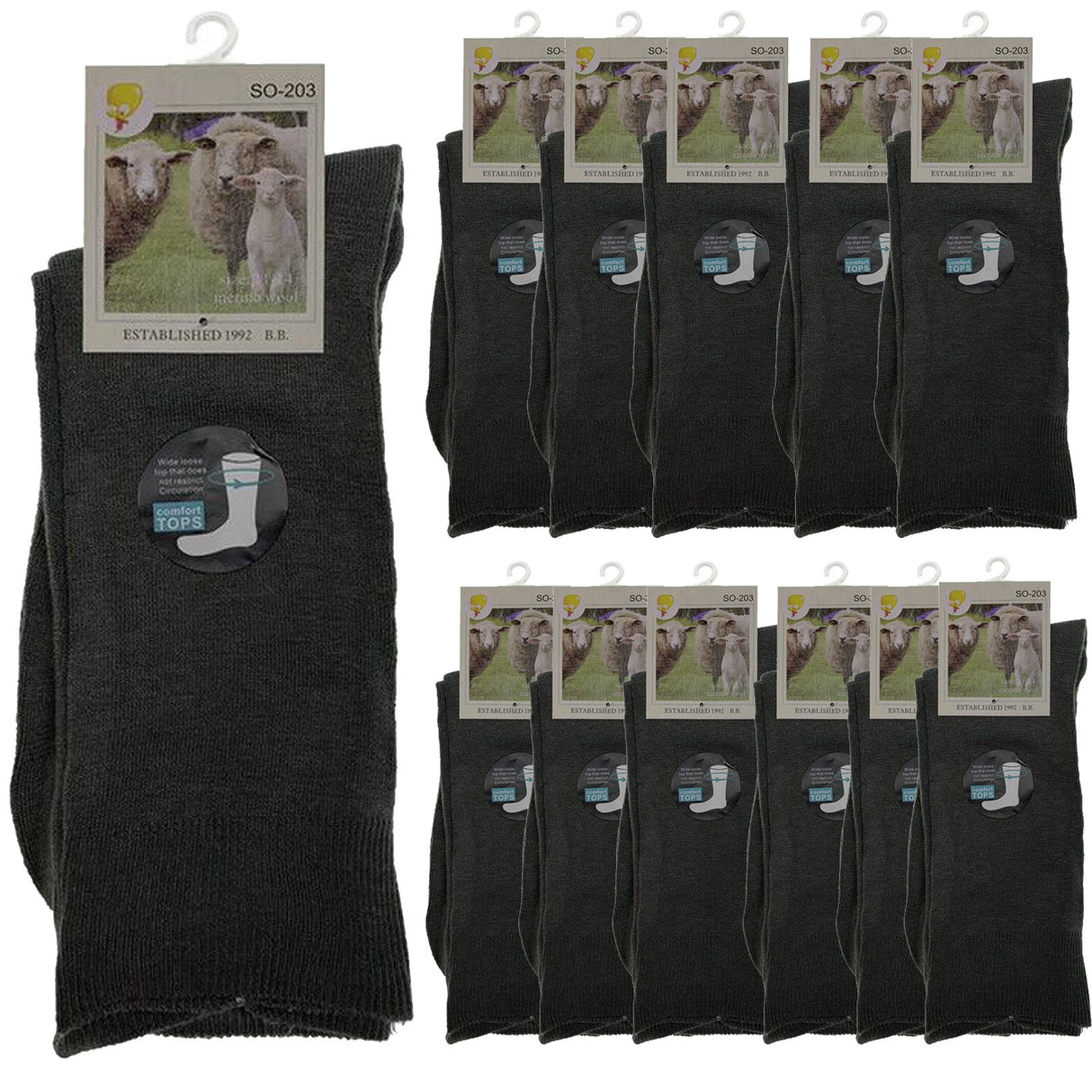 Merino Wool Mens Loose Top Thermal Socks Diabetic Comfort Circulation - 12 Pairs - Black