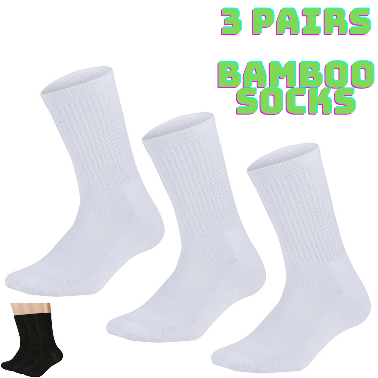 3 Pairs Super Soft Bamboo Socks - White (Premium Fiber Crew Socks)