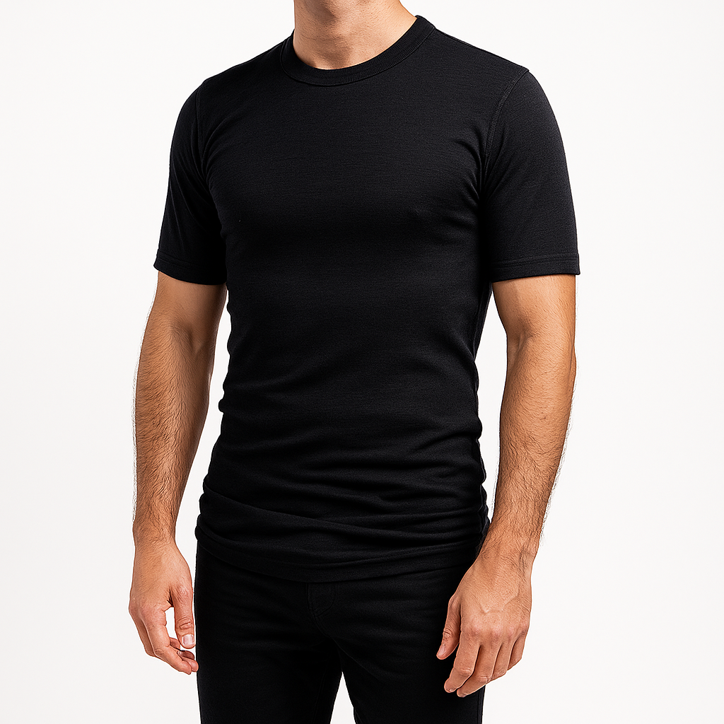 MERINO SKINS Crew Neck Short Sleeve T-Shirt Top 100% Wool Underwear Thermals in Black