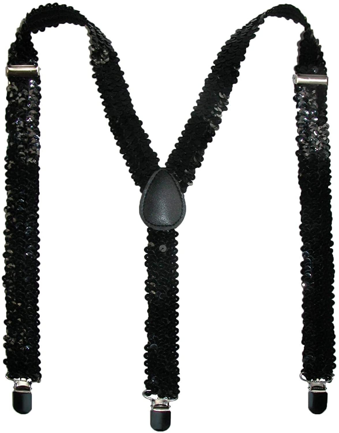Black Sequin Suspenders - Unisex Adjustable Clip On Elastic Y-Back Braces