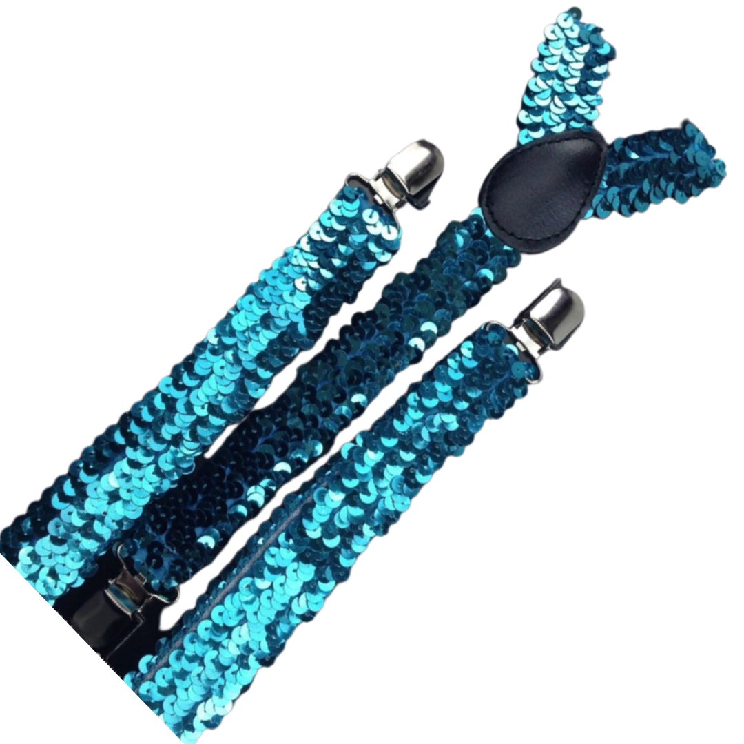 SEQUIN SUSPENDERS Unisex Adjustable Braces Clip On Elastic Y-Back - Blue