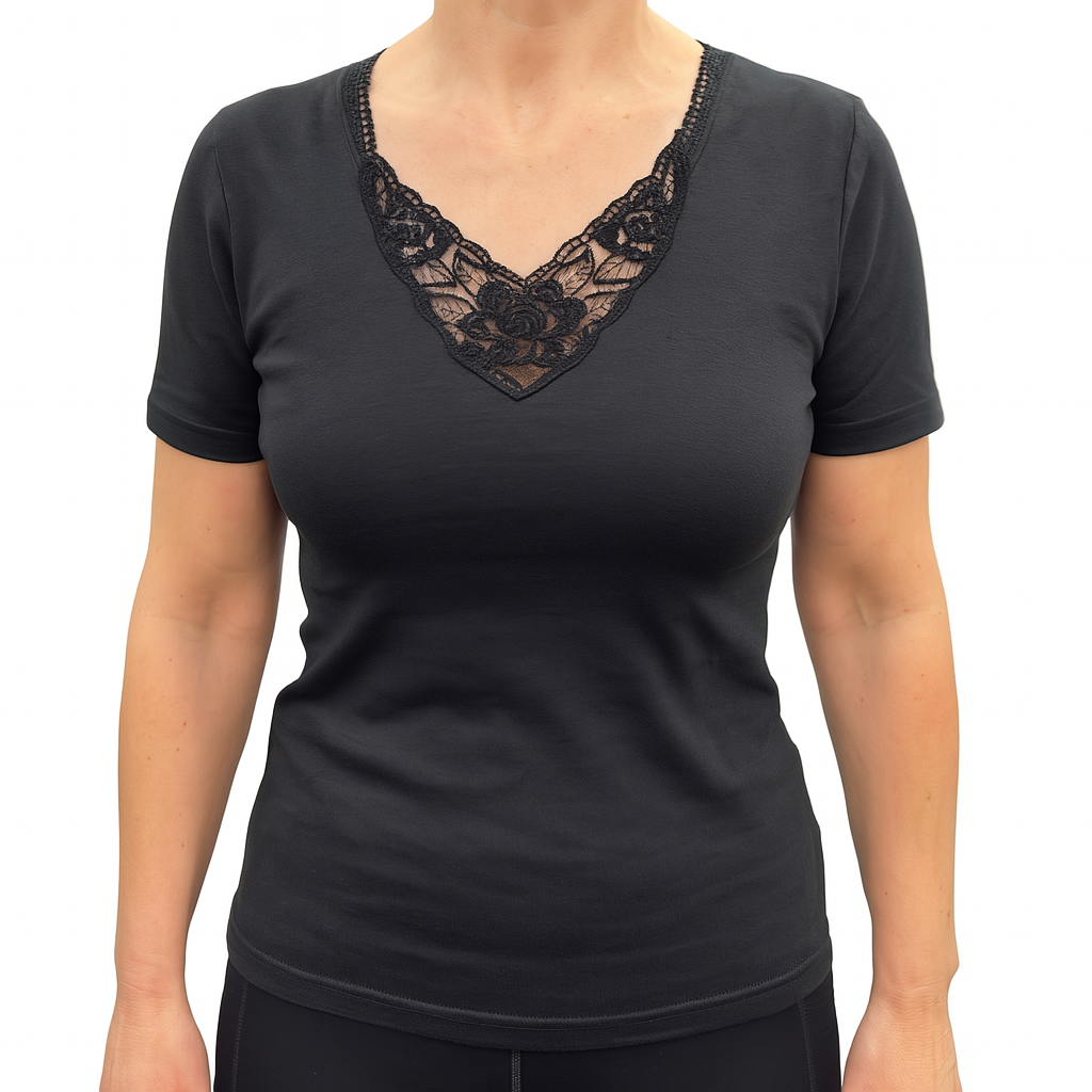 Thermo Fleece® Ladies Short Sleeve Thermal Lace Motif T-Shirt - Black