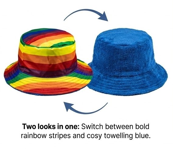 Reversible Stingy Brim Terry Towelling Bucket Hat Cap 100% COTTON - Rainbow/Blue