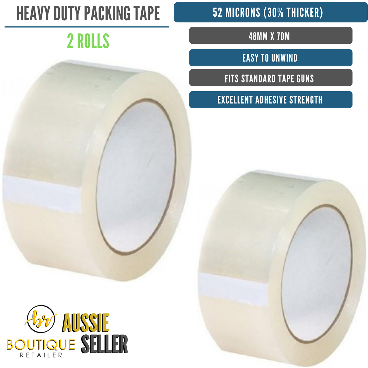 2 Rolls Heavy Duty Packing Tape - Extra Strong 52 Microns Packaging (48mm x 70m)