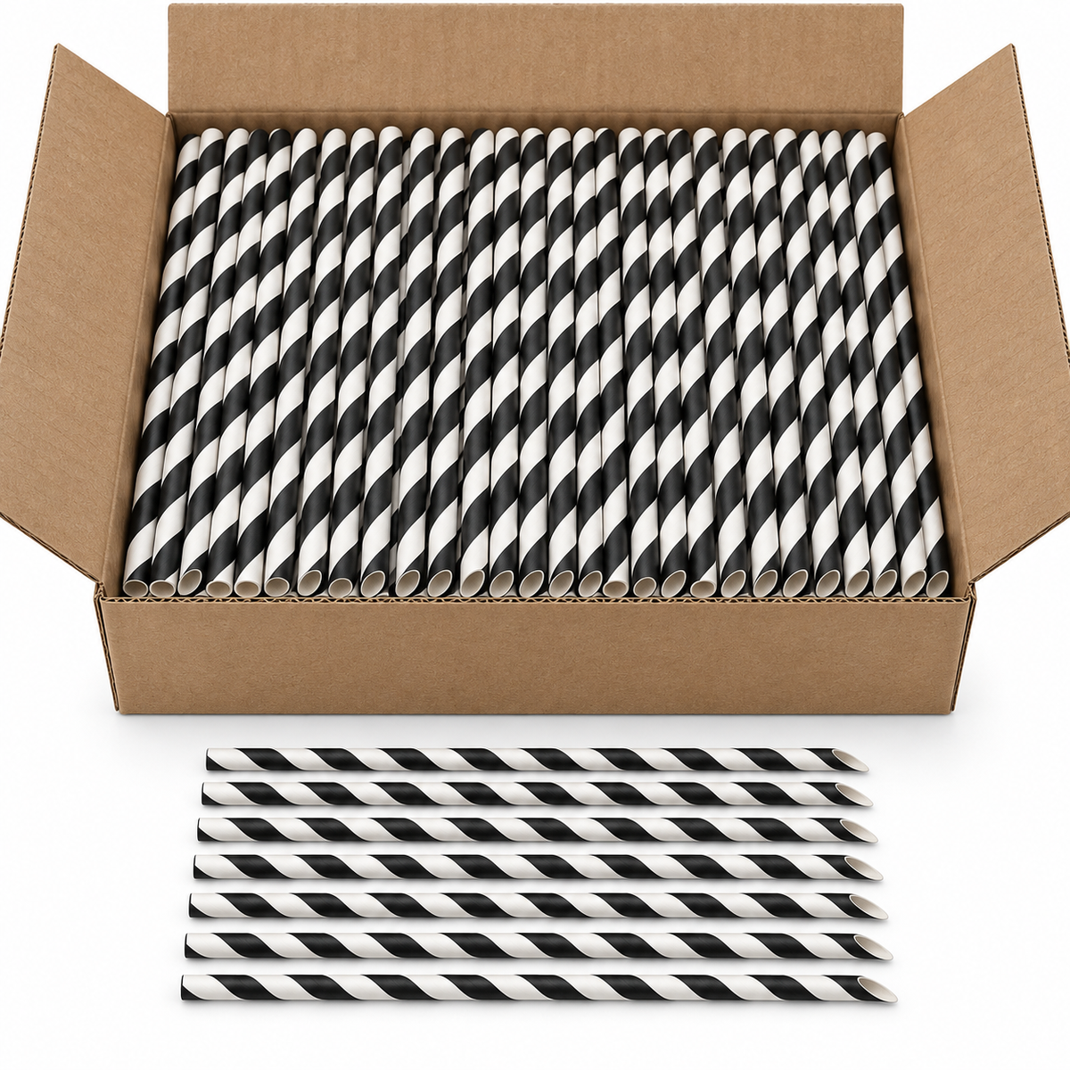2500pcs Disposable 3-Ply Paper Straws Bulk - Black/White (Angle Cut) - 6x200mm