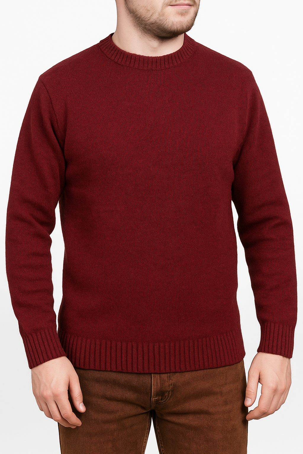 100% SHETLAND RAGG WOOL CREW Round Neck Knit JUMPER Pullover Mens Sweater Knitted - Burgundy
