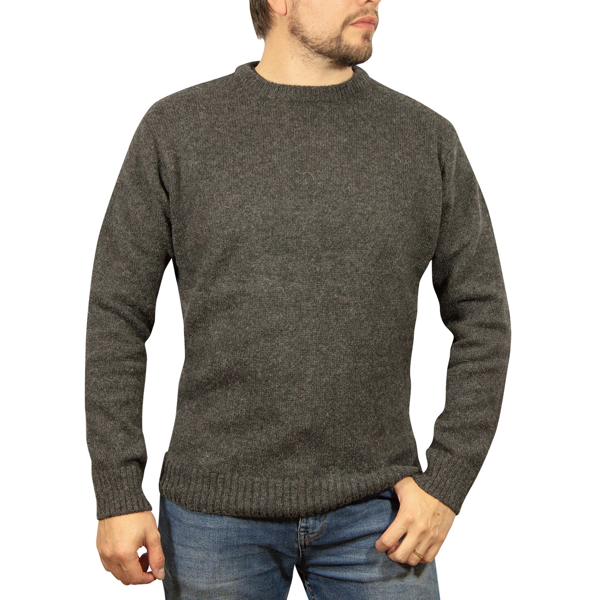 Mens 100% Shetland Ragg Wool Round Neck Knit Jumper Pullover Crew Sweater - Charcoal (29)
