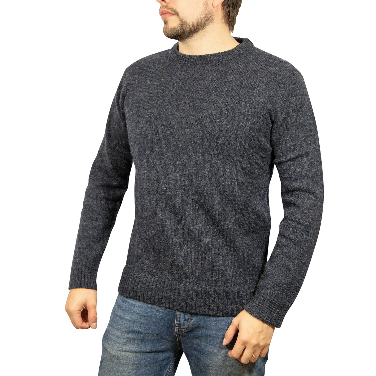 100% SHETLAND RAGG WOOL CREW Round Neck Knit JUMPER Pullover Mens Sweater Knitted - Navy