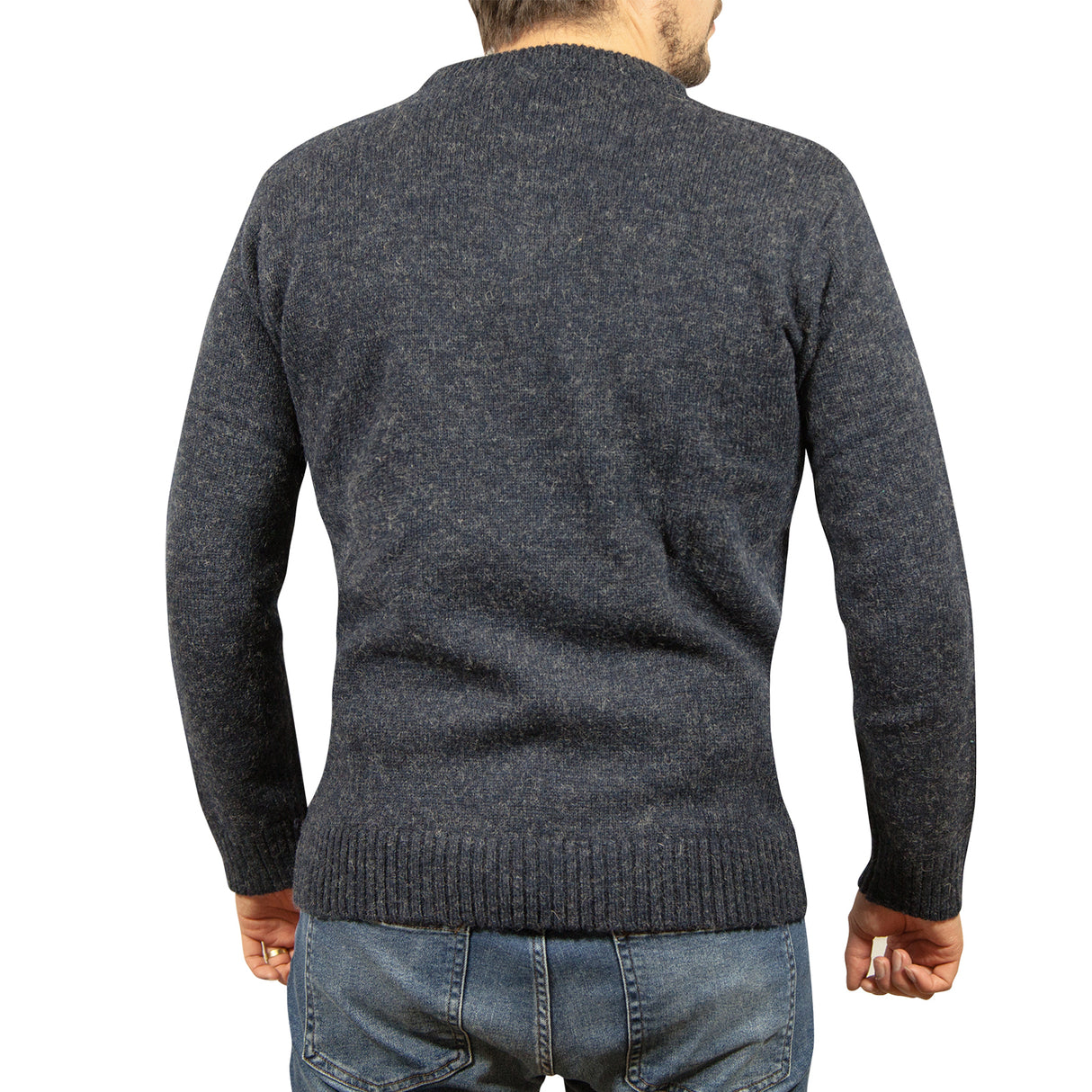 100% SHETLAND RAGG WOOL CREW Round Neck Knit JUMPER Pullover Mens Sweater Knitted - Navy