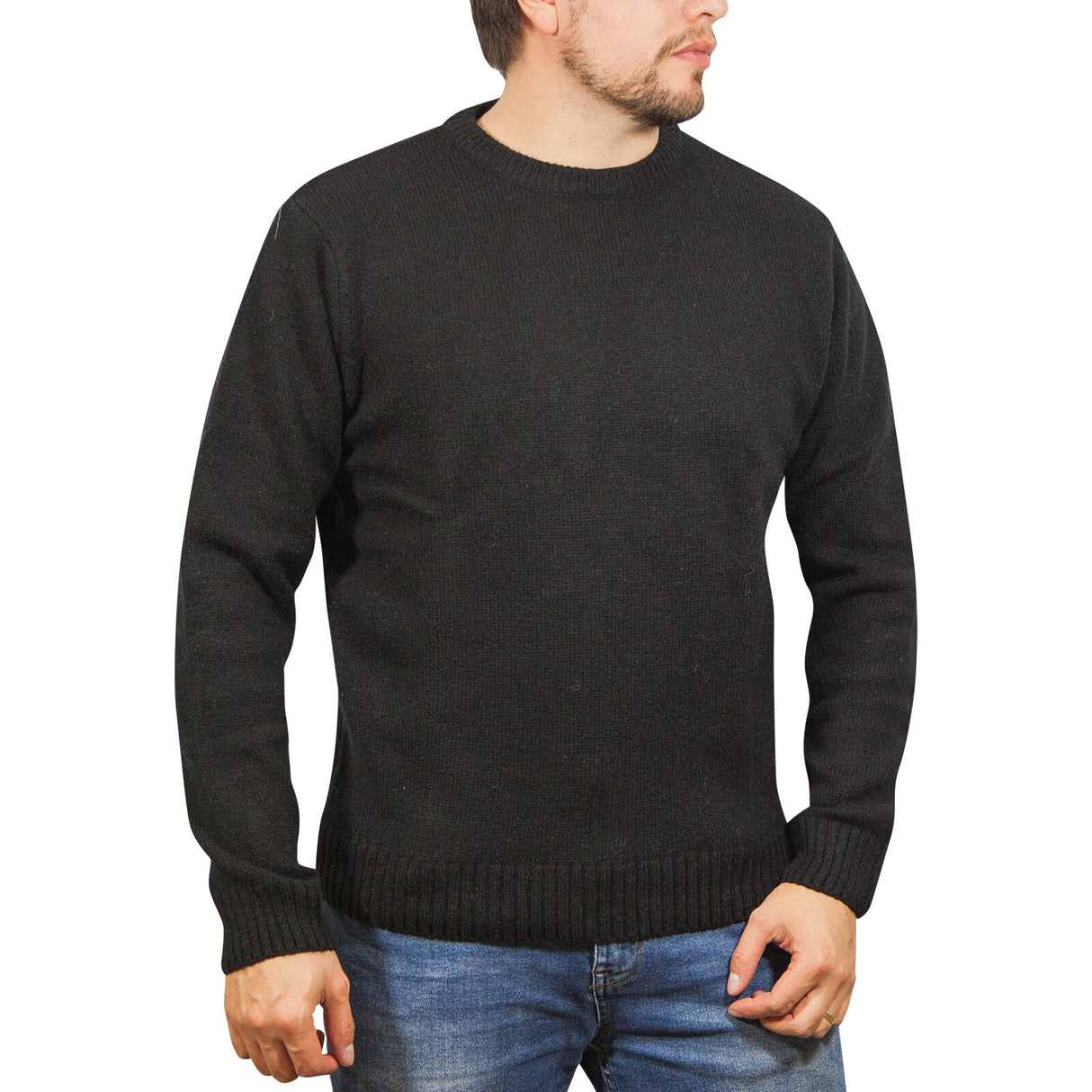 100% SHETLAND RAGG WOOL CREW Round Neck Knit JUMPER Pullover Mens Sweater Knitted - Plain Black